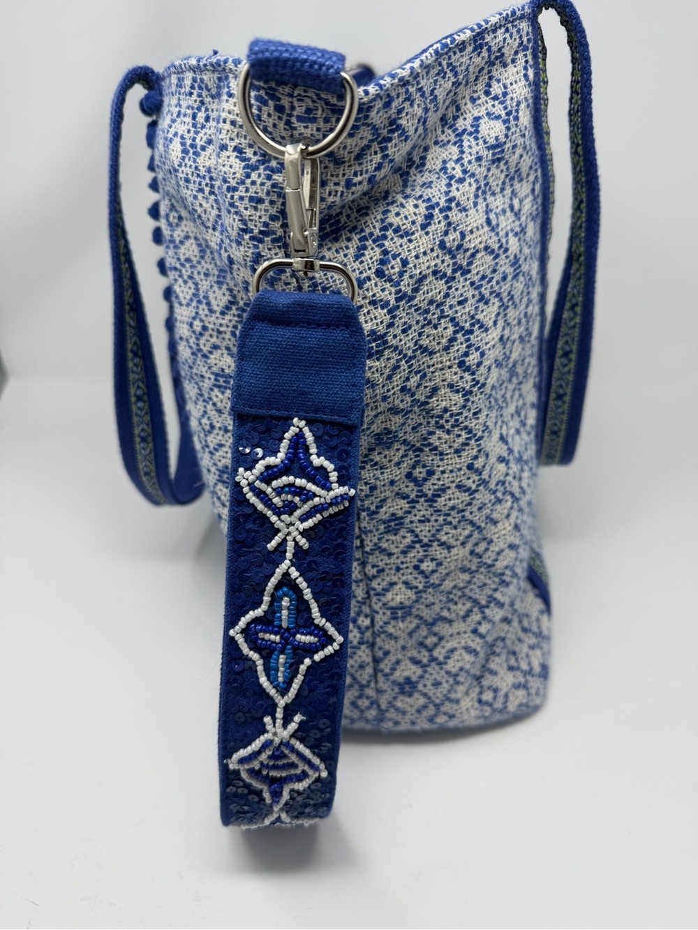 Boho America and Beyond Embroidered Blue Tote Bag with Tassel and Insert - Picture 3 of 16
